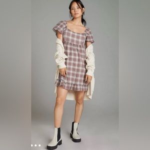 Anthropologie Maeve Flutter-Sleeved Grey Plaid Mini Dress Size Small